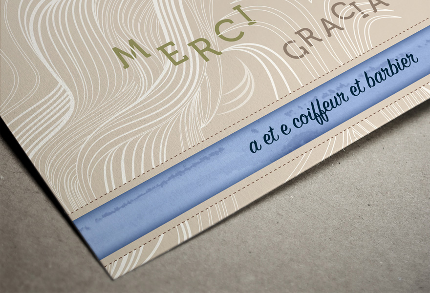 Dépliant carte remerciements salon a et e coiffure